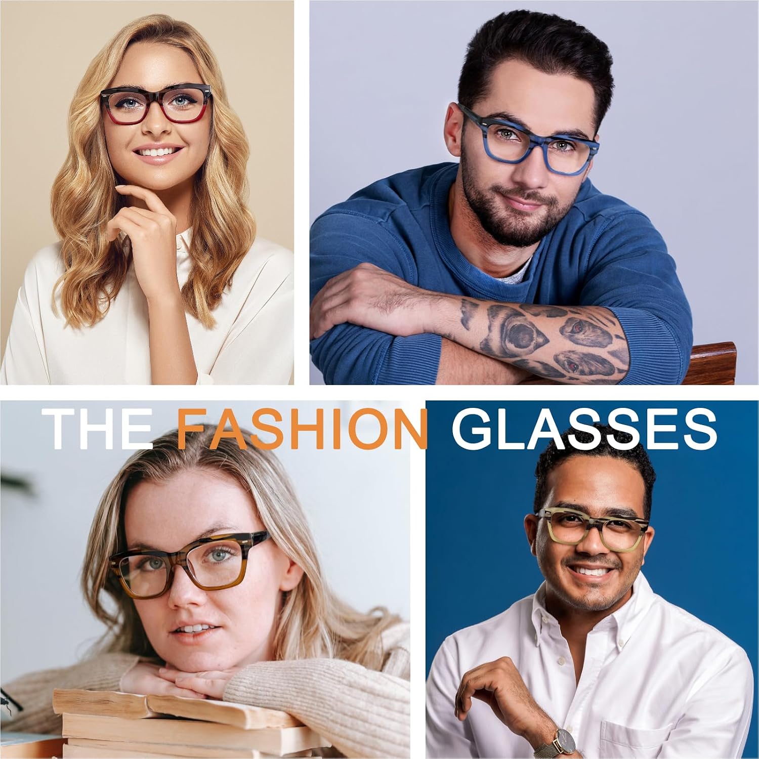 AQWANO Oversized Computer Reading Glasses Blue Light Blocking, 4 Pairs Stylish Fashion Design Anti UV Ray/Eye Strain/Glare Readers Men Women, 1.5