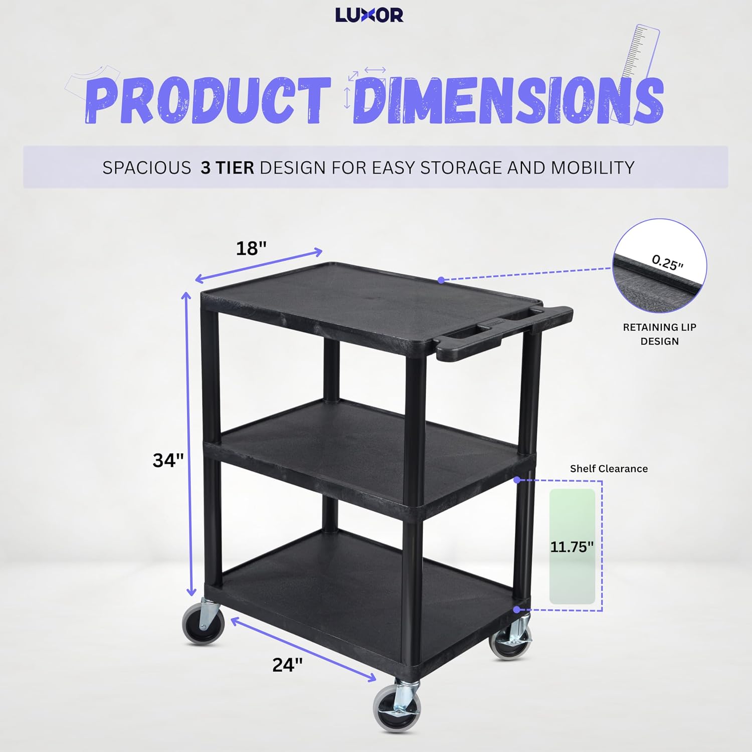 Luxor Multipurpose Storage Utility Cart 3 Shelves Structural Foam Plastic - Red