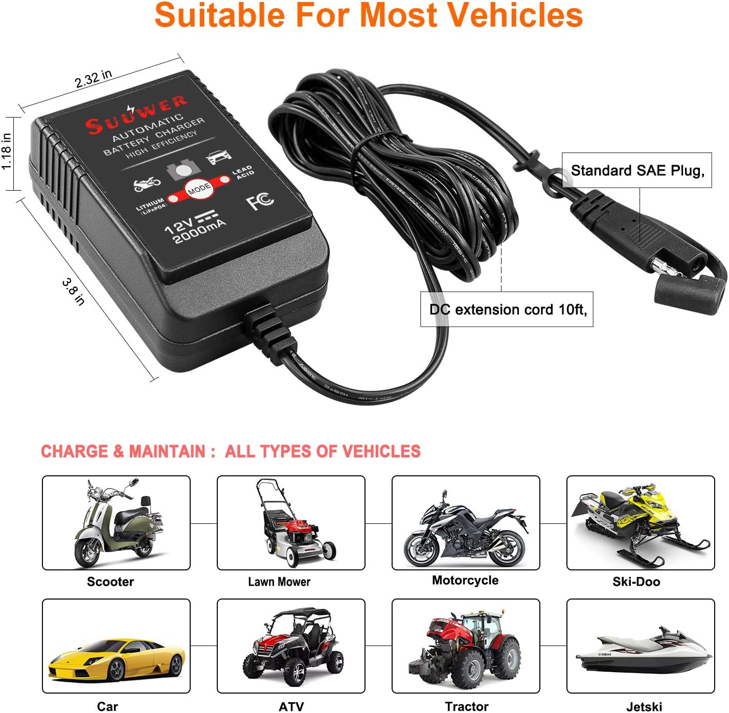 Suuwer Automatic Trickle Battery Charger, 12V 2000mA Battery Maintainer | for Car Motorcycle ATV Boat and More, With 12FT DC Cable