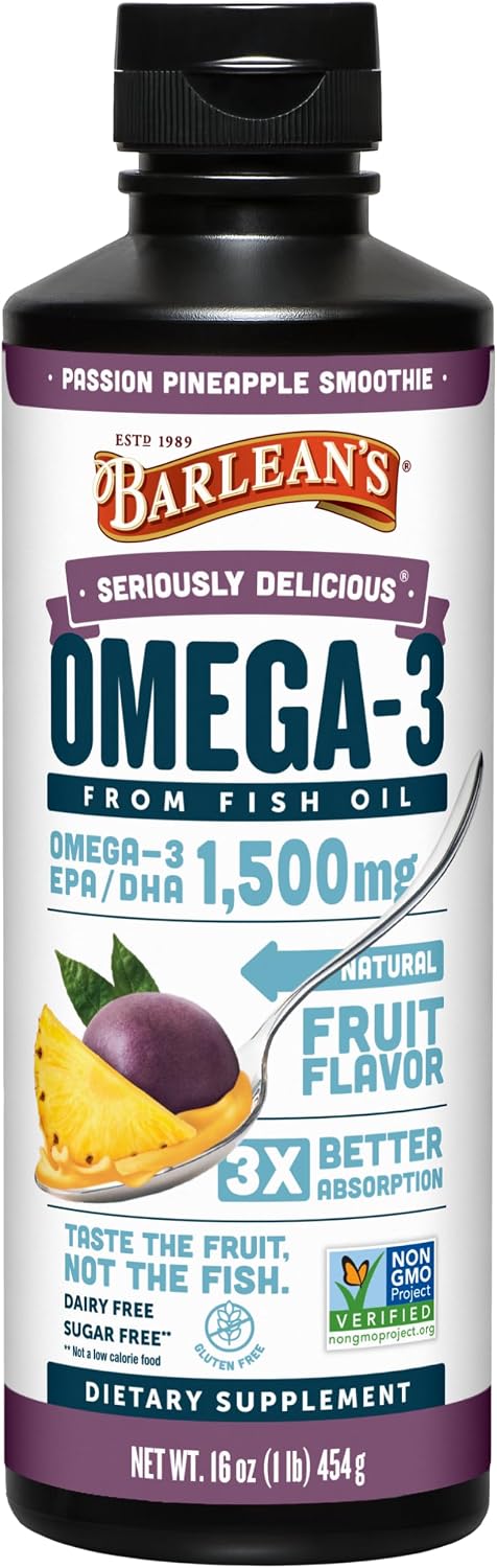 Barlean's Mango Peach Omega-3 Fish Oil, Vitamin D, 1080mg EPA & DHA, 8oz | Wild-caught fish oil plus vitamin D, EPA DHA omega-3, Burpless, Non-GMO, Gluten-free, Heart, brain, bone & immune