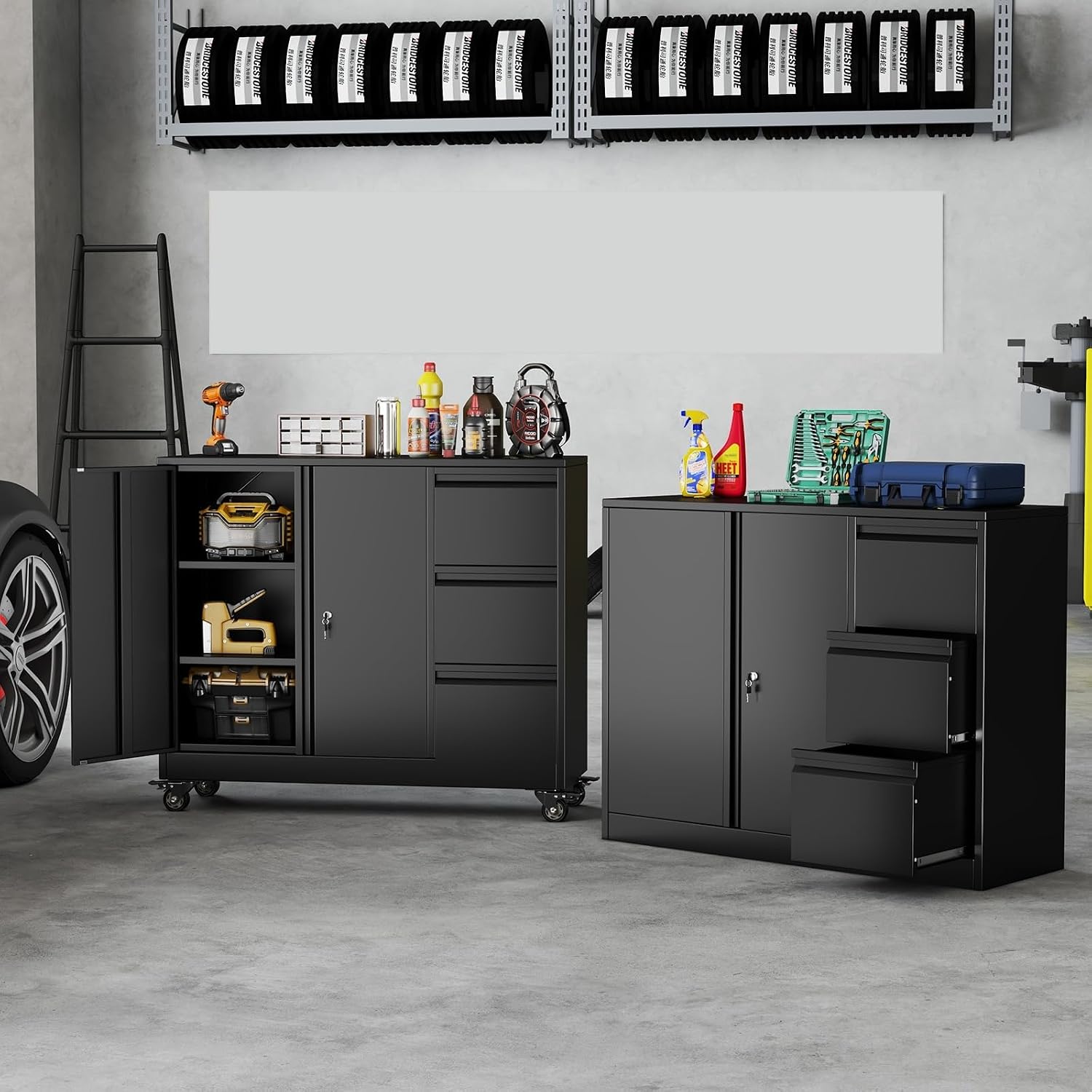 3 Drawer File Cabinet, Office Mobile Filing Cabinet, Printer Stand | All-in-One Office Storage, 3 Storage Drawers, 2 Adjustable Shelves, Lockable Cabinet, 4 Casters, 46.5-Inch Top
