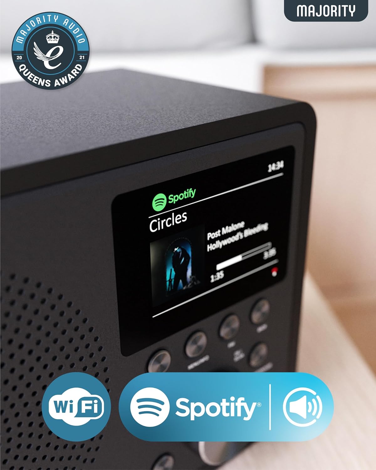Internet Radio for Home with WiFi and FM | DSP Speaker Perfect for Bedroom, Kitchen, and Living Room Use | FM, Spotify Connect, Multi-Alarm