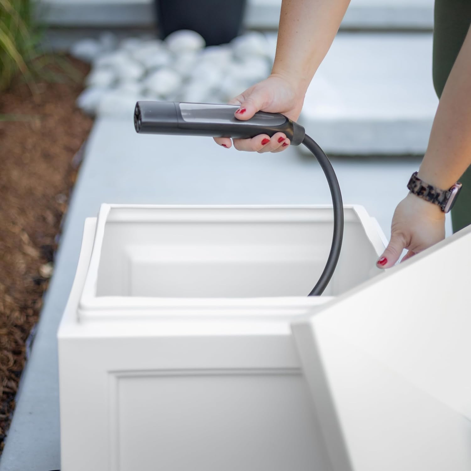 Mayne Fairfield Garden Hose Bin - Black - 17in L x 17in W x 18in H - Holds up to 100 ft. of standard garden hose (5858-B) | Concealed storage, Holds 100ft hose, Fade resistant, All-season, 15-year warranty