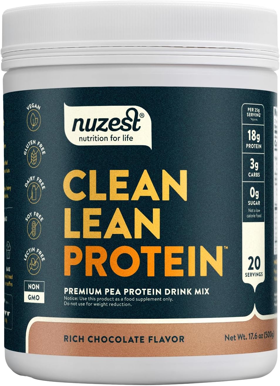 Nuzest Clean Lean Protein - Vegan Pea Protein Powder Rich Chocolate 1.1 lb | 20 Servings with 18g Protein Plant Based Protein Powder, Only 4 Ingredients, Dairy Free, Gluten Free, GMO Free, Protein Shake