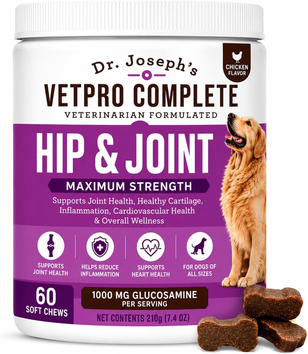Dr. Joseph's VetPro Complete Dog Hip & Joint Wellness Supplement – High-Strength Glucosamine, MSM, Omega & Chondroitin Chews and Breeds – Vet Formulated Chicken Dog Treat - 120 Count