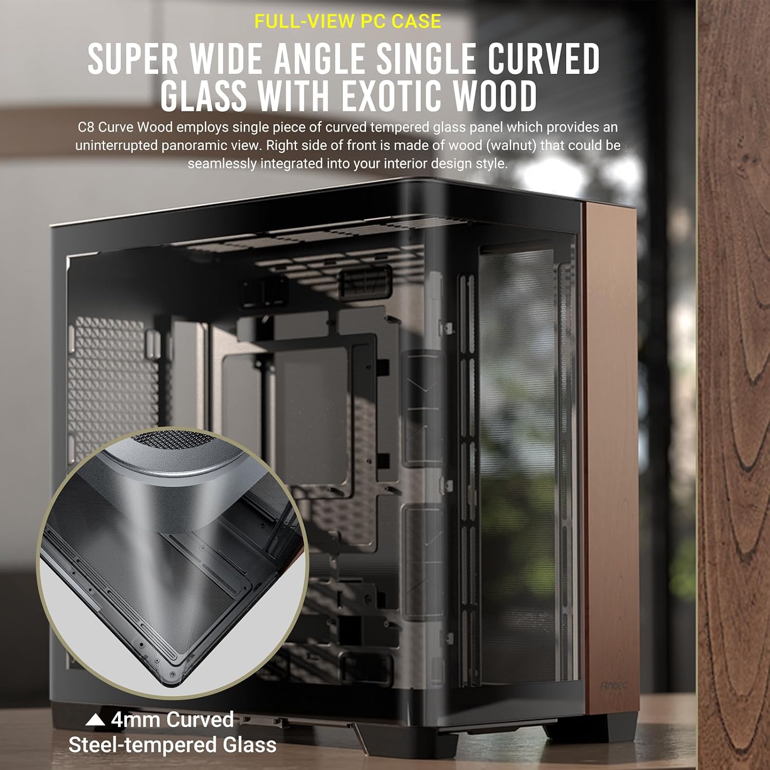 Antec C8 Wood, Fans not Included, Wooden Front Panel, Dual-Chamber Layout, Type-C, 360mm Radiator Support, Seamless TG Front & Side Panels, RTX 40 Compatible, Full-Tower E-ATX PC Case