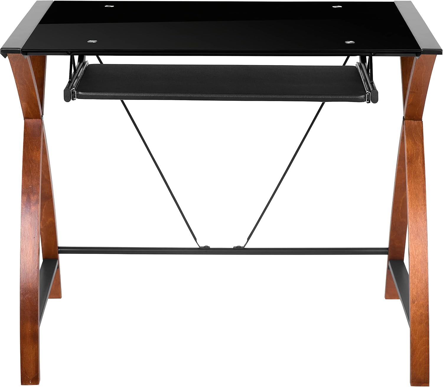 Flash Furniture Jude Tempered Glass Computer Desk with Pull-Out Keyboard Tray and Crisscross Frame, Small Computer Desk for Home Office, Cherry/Clear