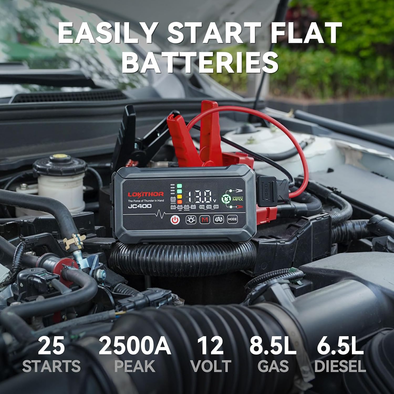 LOKITHOR JC400 2A Car Battery Charger and 2500A Jump Starter | 750mA/1A/2A, 6V/12V Automotive Battery Maintainer, Trickle Charger and Desulfator