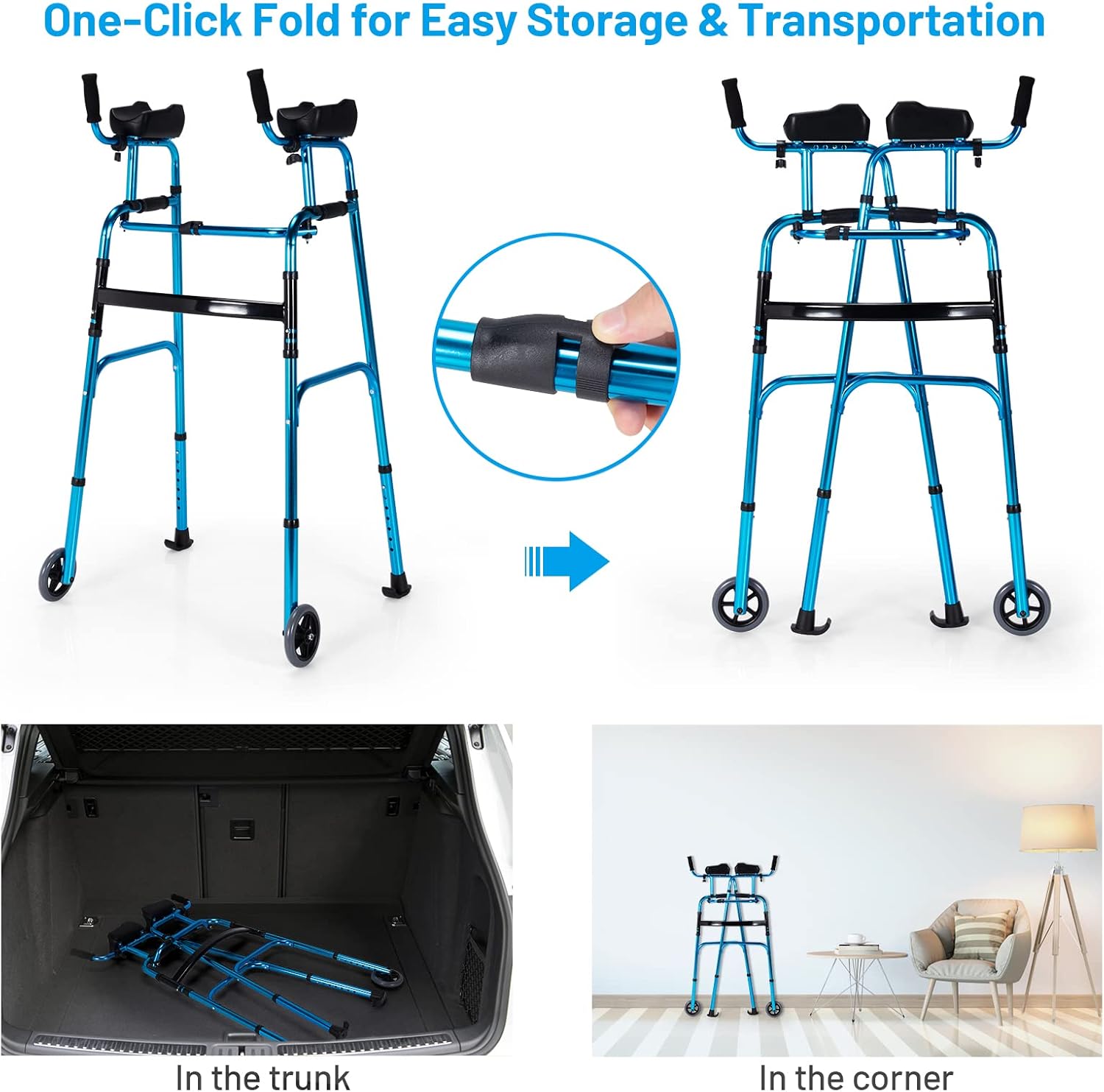 Goplus Walkers for Seniors, Foldable Standard Walker with 5’’ Wheels and Removable Padded Armrests 220lbs, Lightweight Walking Mobility Aid