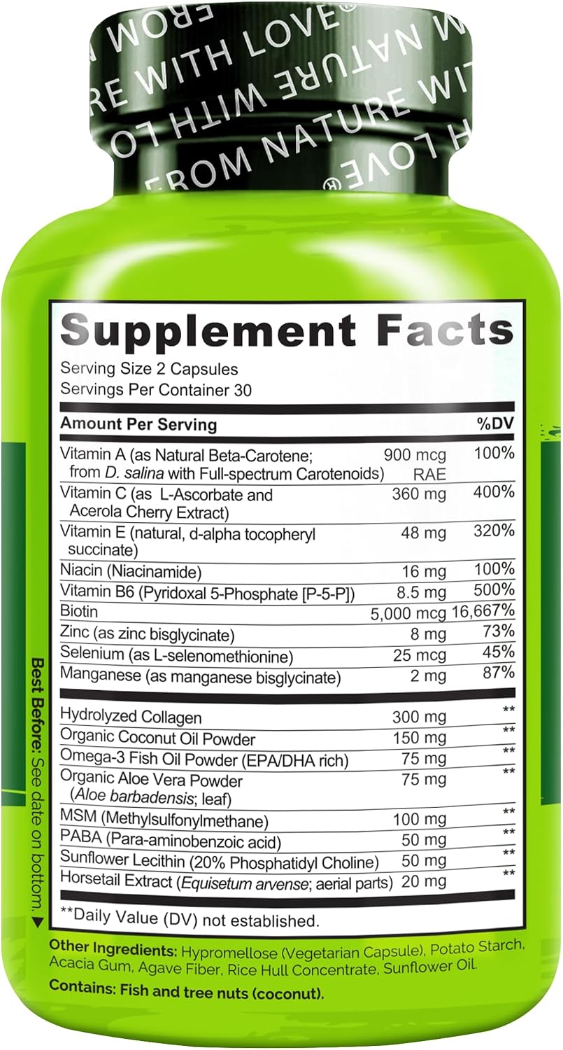 NATURELO Hair, Skin and Nails Vitamins - Biotin, Collagen - 60 Capsules | 5000 mcg, natural vitamin E, healthy skin