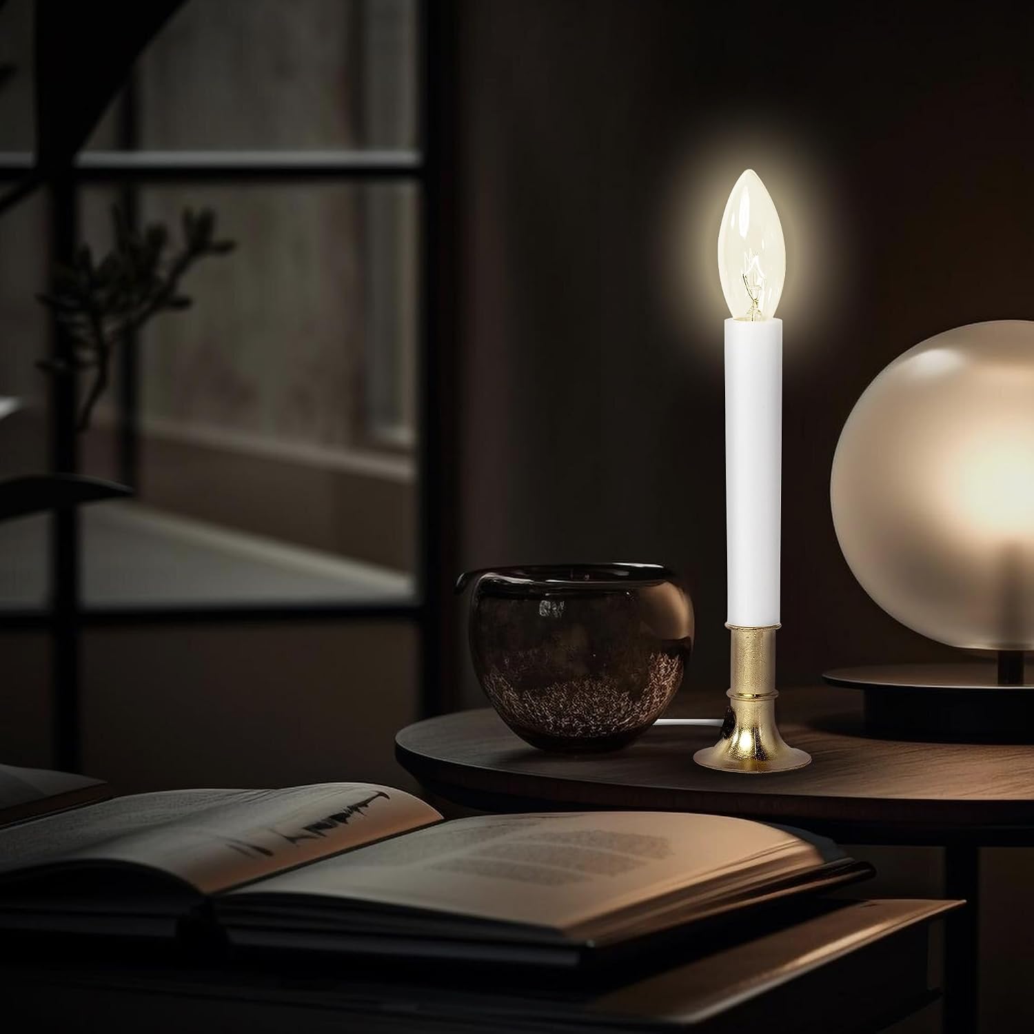Creative Hobbies Electric Window Candle Lamp with Brass Plated Base, Dusk to Dawn Sensor Turns Candle on in Dark and Off in Light, Ready to Use!