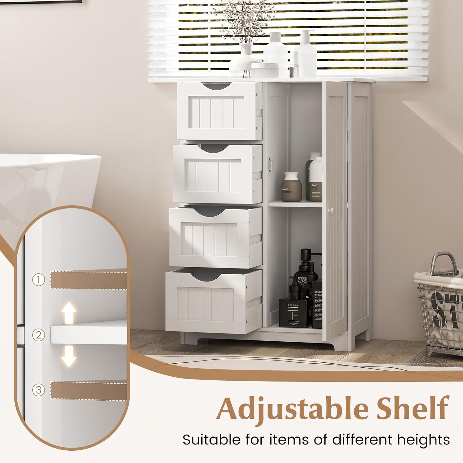 Giantex Storage Cabinet with 4 Drawers, Bathroom Storage Organizer with Cupboard, Adjustable Shelf, Anti-Toppling Device, Floor Cabinet, Entryway Storage Unit Console Table, White