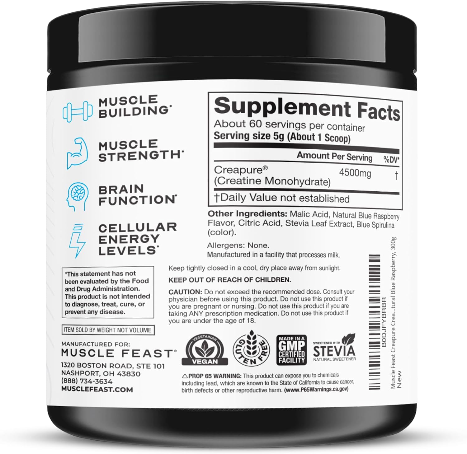 Muscle Feast Creapure Creatine Monohydrate Powder, Unflavored (300g) | Vegan, Non-GMO, Keto Friendly Mass Gainer, Muscle Recovery Supplement & Trusted Creatine for Muscle Growth, Creatine Powder