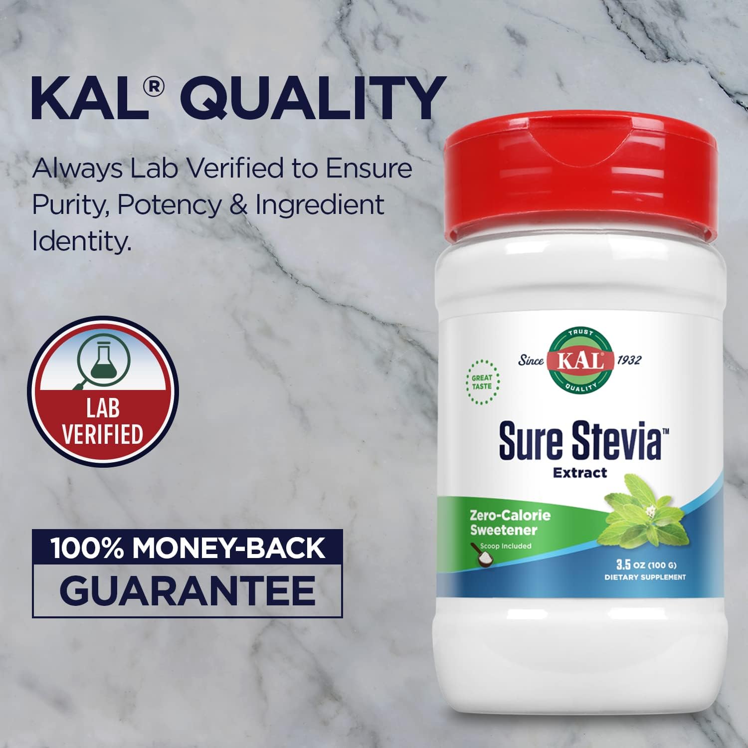 KAL Sure Stevia Extract Powder, Low Carb, Plant Based Stevia Sweetener, Great Taste, Zero Calories, Zero Sugar, Low Glycemic & Perfect for a Keto Diet, 60-Day Guarantee, Approx. 1820 Servings, 3.5oz | Zero Calorie Sweetener - Organic, Keto Friendly & Low…