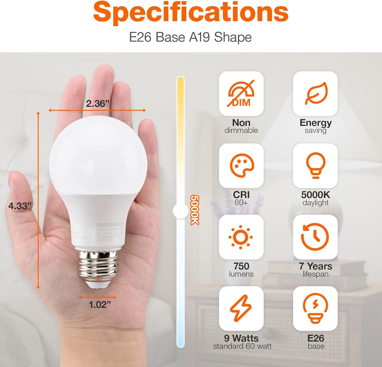 Sylvania ECO LED Light Bulb, A19, 100W Equivalent, Efficient 14.5W, 7 Year, 1450 Lumens, Frosted, 5000K, Daylight - 6 Pack (40884)