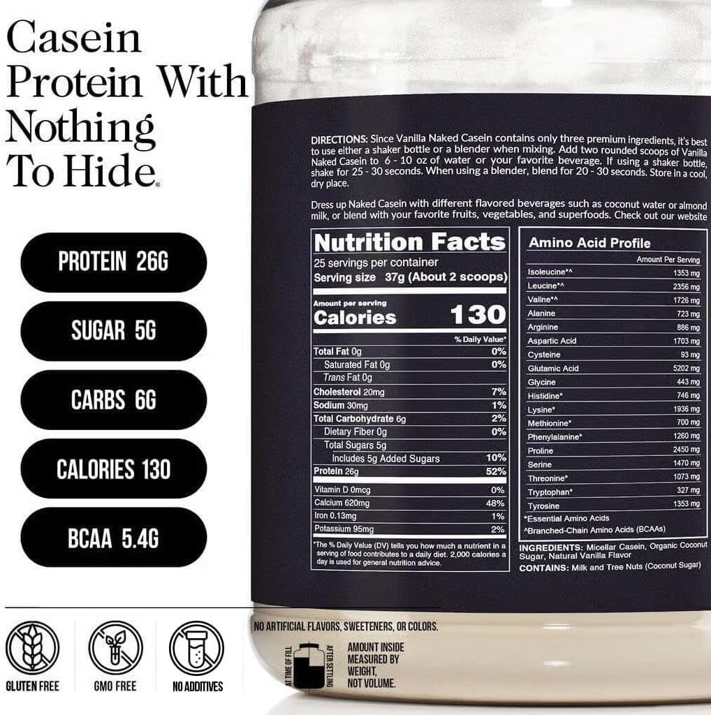 NAKED Casein - Vanilla Micellar Casein Protein - 5 Pound Bulk, NSF Certified, GMO-Free, Gluten-Free, Soy-Free, Preservative-Free - Stimulate Muscle Growth - Enhance Recovery - 61 Servings