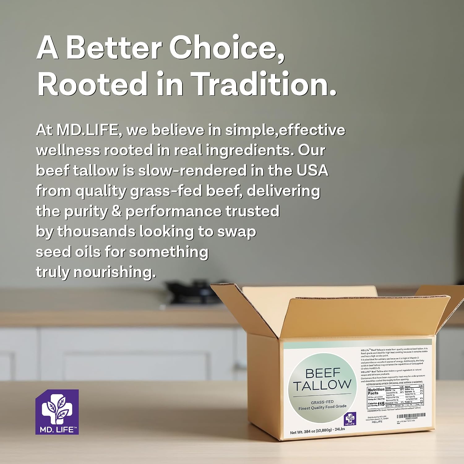 MD. Life Beef Tallow for Cooking - Food Grade Grass Fed Beef Tallow for Cooking Oil Replacement - 28 Ounce - Pasture Raised Keto Friendly Beef Tallow- Used to Make Candles & Soap
