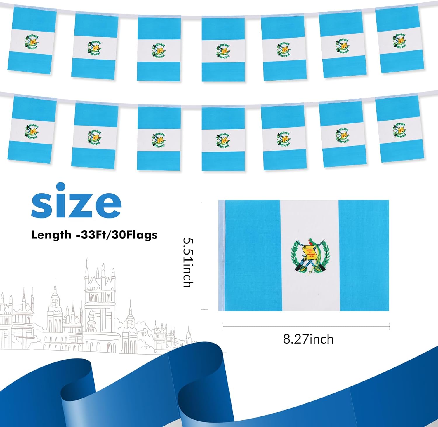 Nicaragua Flag Banner, Small Mini Nicaraguan Flags Patriotic Decoration for Party, Classroom, Sports Events, 33 Feet 30 Flags