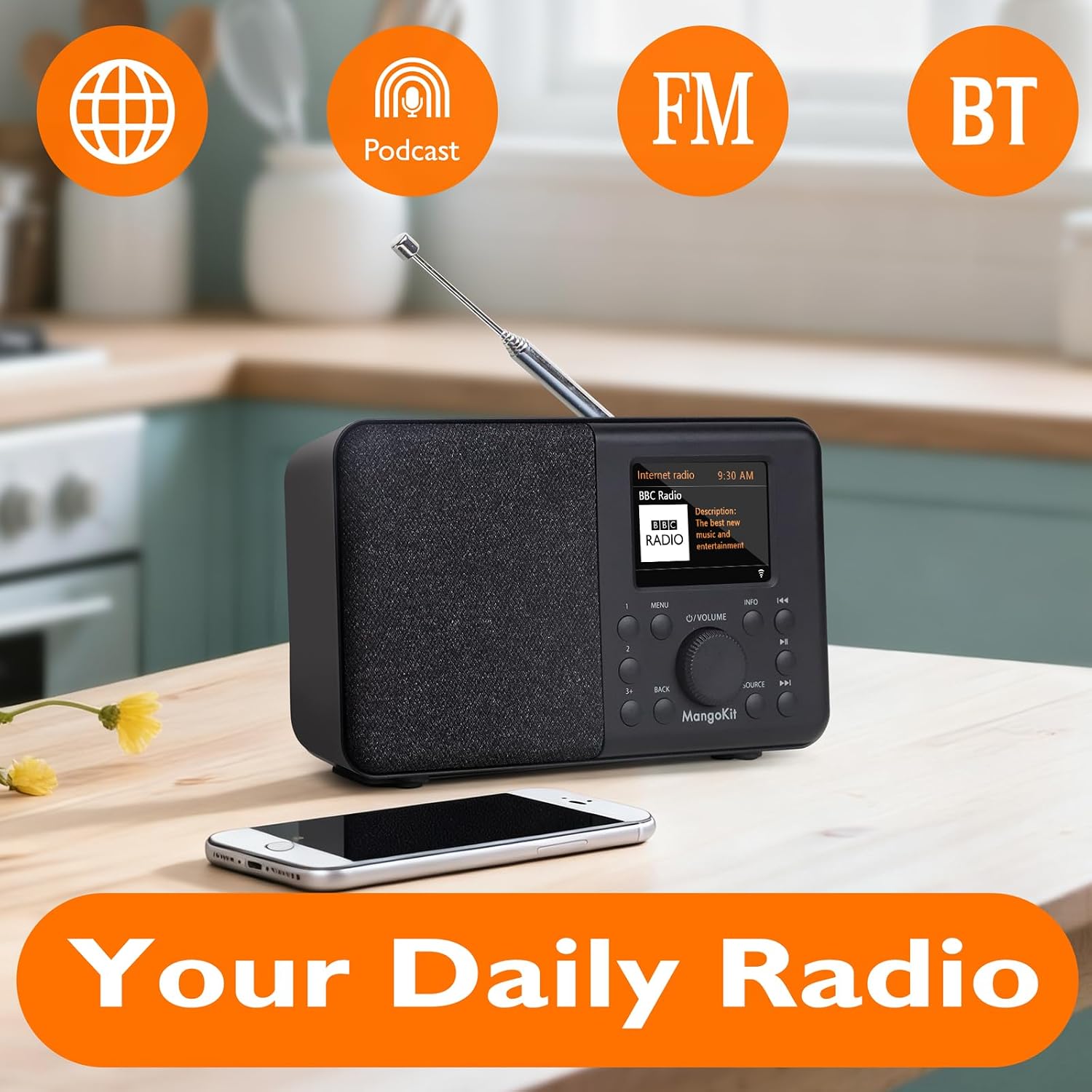 SR10 WiFi Radio, Bluetooth, FM & Internet, Walnut | 60 presets, dual alarms, colour display, OKTIV App control, podcast player, mains or AA battery, headphone jack, compact