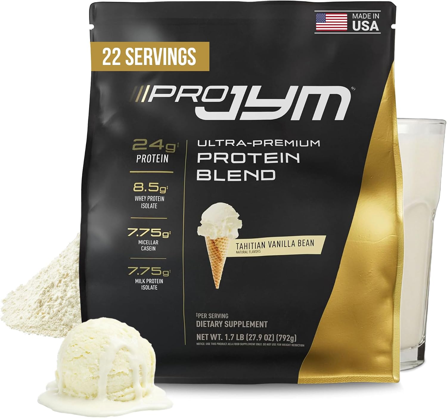 JYM Tahitian Vanilla Bean Whey & Casein Protein Powder, 1.7 lb, 22 Servings | Micellar Casein & Milk Protein Isolate, Lean Muscle Building, Pre & Post Workout Nutrition, Men & Women