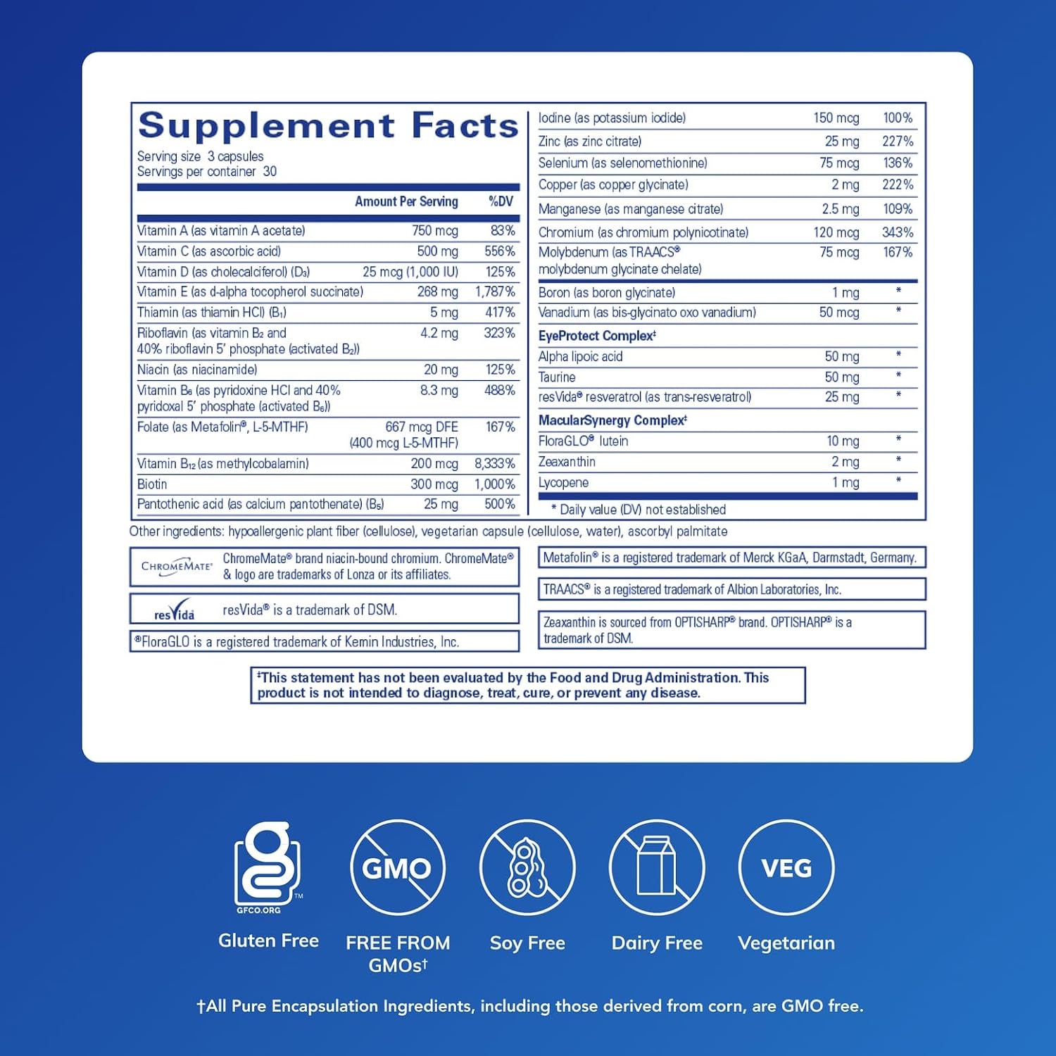 Pure Encapsulations VisionPro Nutrients | Hypoallergenic Multivitamin/Mineral Complex for Maintaining Healthy Vision* | 90 Capsules | Hypoallergenic