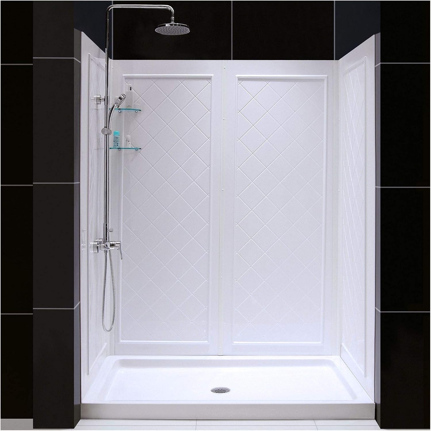 DreamLine 32 in. D x 60 in. W x 76 3/4 in. H Left Drain Acrylic Shower Base and QWALL-5 Backwall Kit In White, DL-6190L-01