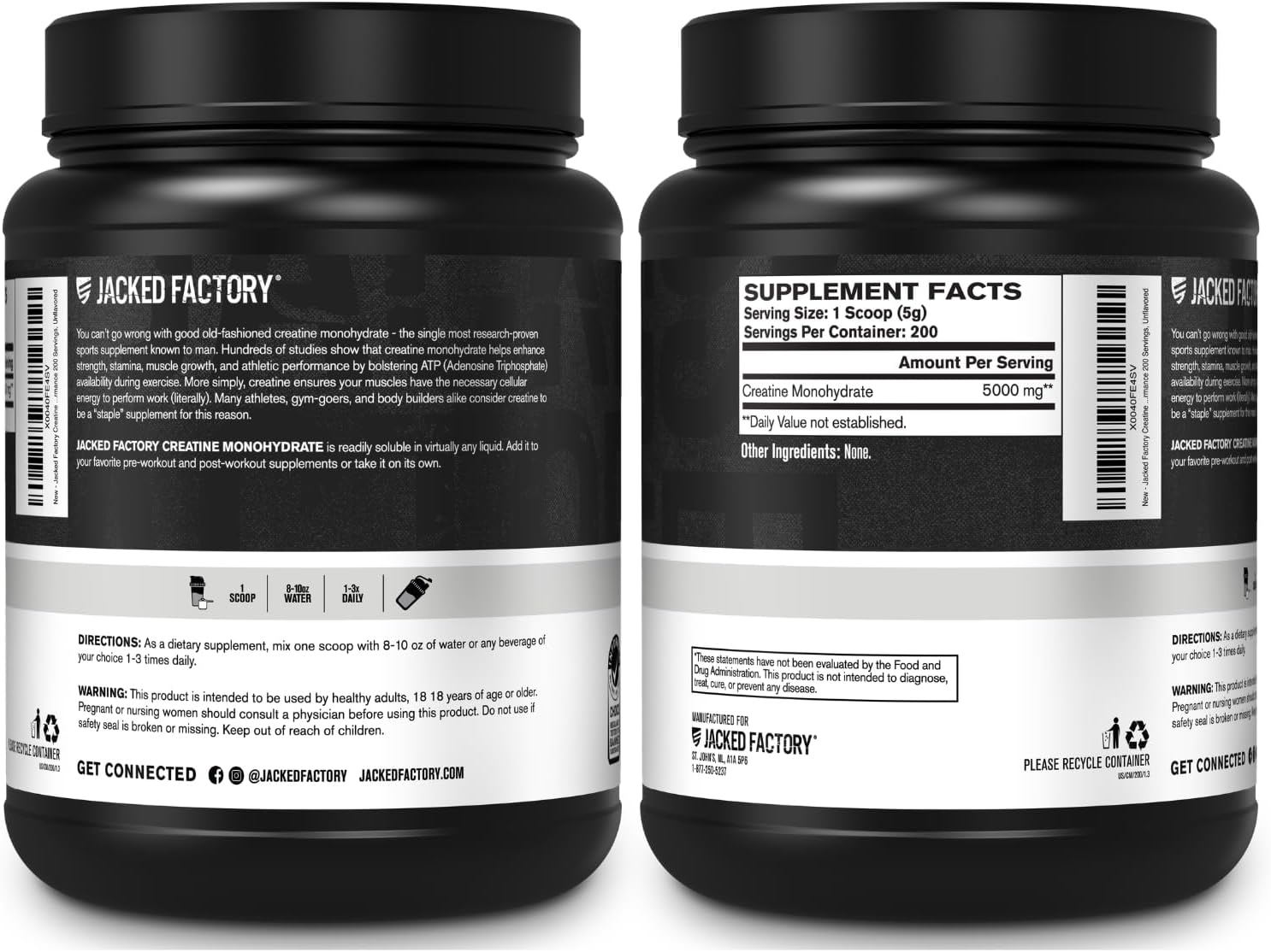 Jacked Factory Creatine Monohydrate Powder 425g - 5g Daily Micronized Creatine Monohydrate for Men and Women, Vegan-Friendly