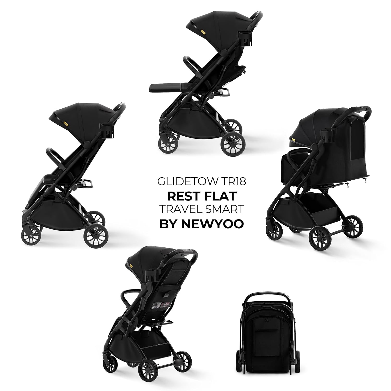 newyoo GlideTow TR18 Travel Stroller, Compact & Lightweight, Muted Olive | Newborn to toddler, foldable, self-standing design, 175° near-flat recline, large mesh window, trolley mode & UPF 50+ canopy
