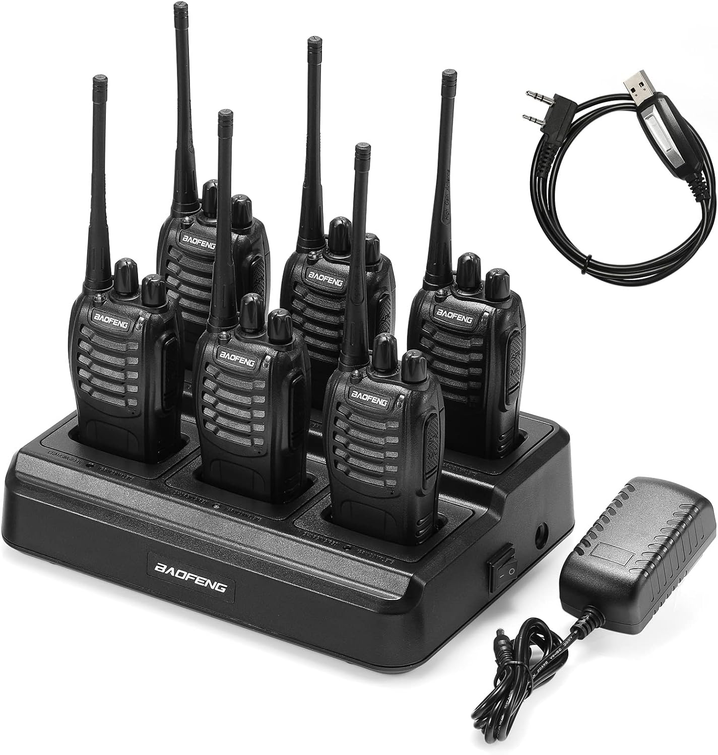 [6Packs] BAOFENG BF-888S Walkie Talkies for Adults, 1500mAh Battery, 16CH | With 6 Earpieces, Six-Way Charger Station, Programming Cable, for Teams