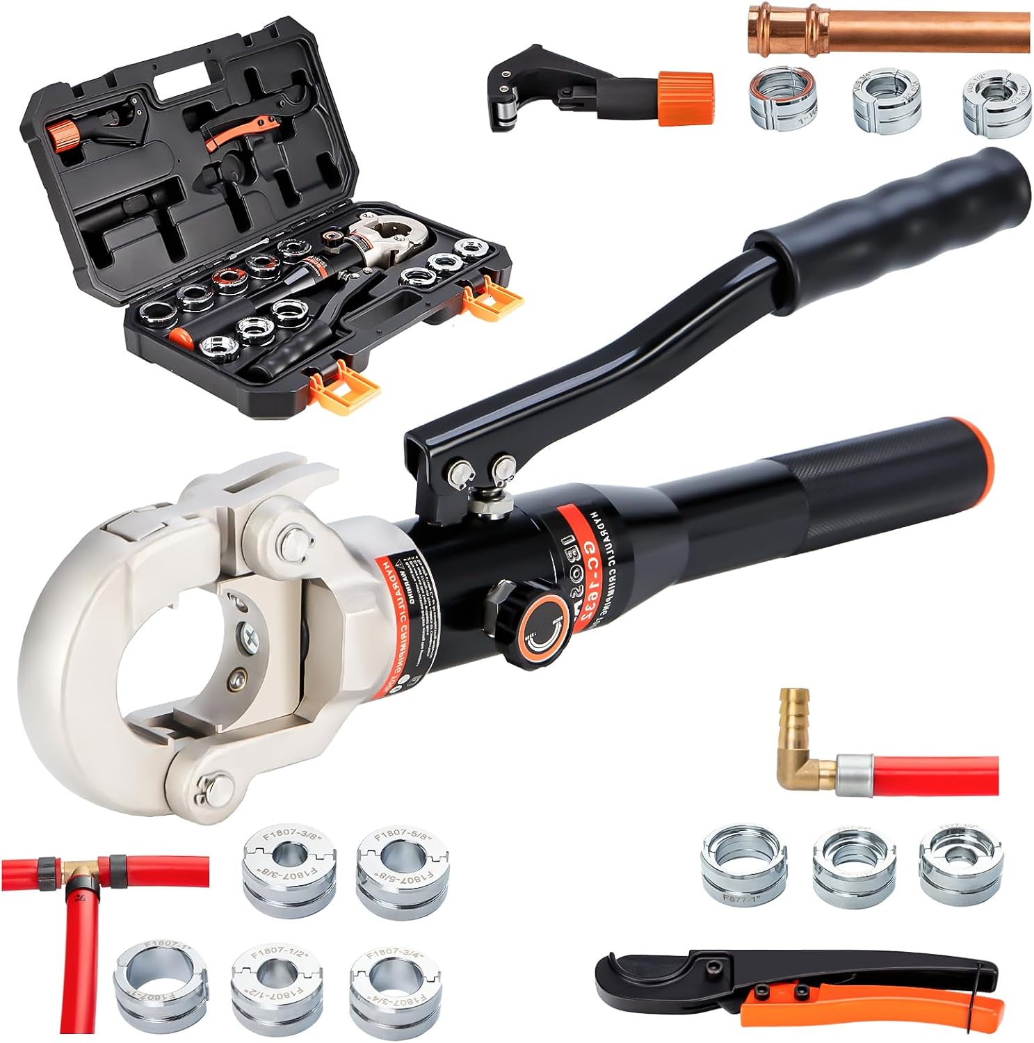 Copper Tube Fittings Hydraulic Pipe Crimping Tool with 1/2",3/4" and 1" Jaw Copper Pipe Press Crimper Pressing Pliers, with Pipe Cutter