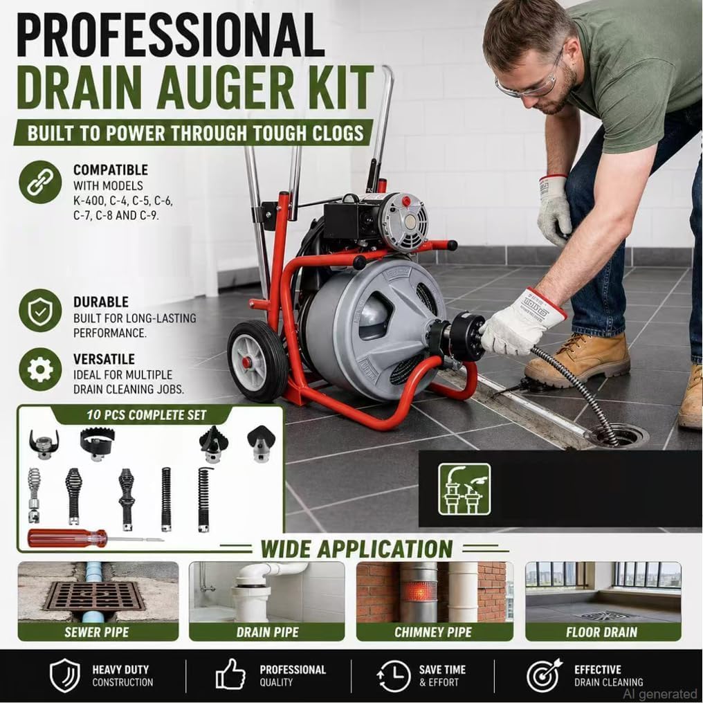 10PCS K-400 Drain Snake Drill Attachment Kit - 5/8 Inch Auger Cutter Heads & Spiral Tips Set for K-400 C-4/C-6/C-7/C-8/C-9