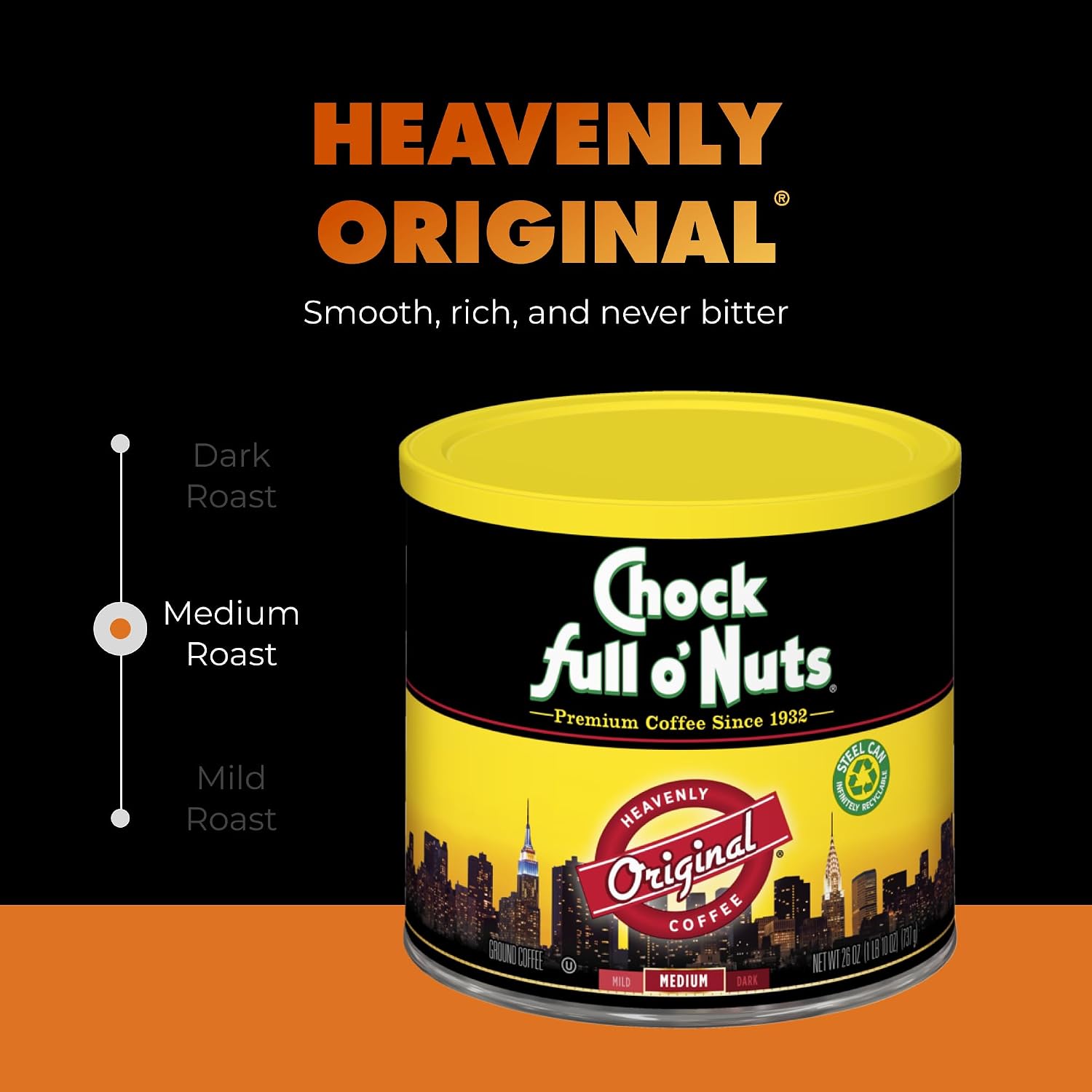 Chock Full o' Nuts French Roast Ground Coffee – Premium Beans in Recyclable Steel Can – Rich Flavor & Aroma, Dark Roast – Perfect for Drip, Pour-Over, Percolator – 26 Oz Can