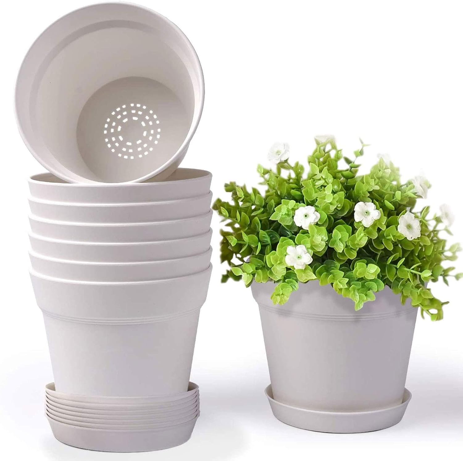 homenote 7.5 Inch Plastic Flower Pots with Drainage Holes and Trays (8 Pcs)