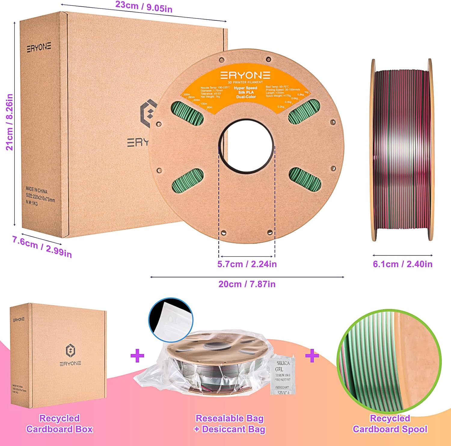 ERYONE Silk Filament PLA+ 1.75mm Upgraded Shiny 3D Printer Filament, Gloss Finish, Fit Most FDM Printer Stable Printing,1kg (2.2LBS)/Spool, Silver