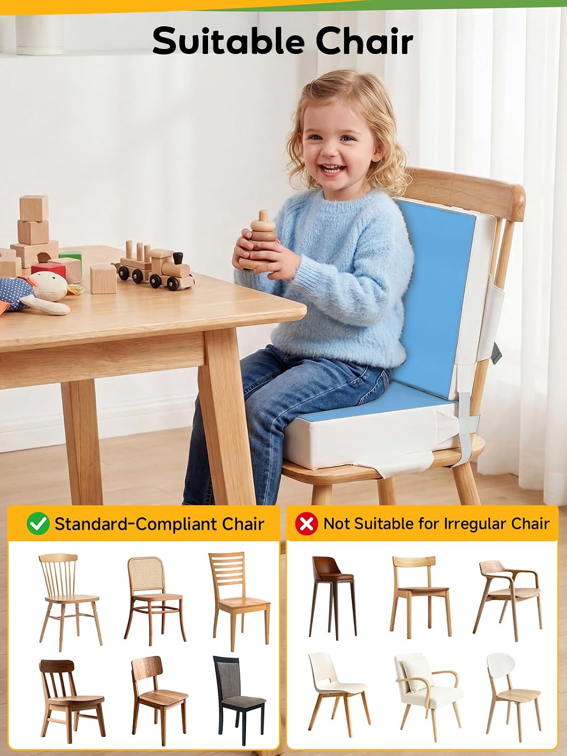 Booster Seat for Kitchen Chair - Toddler Booster Seat for Dining Table - PU Washable Double-Safety Straps with Buckle