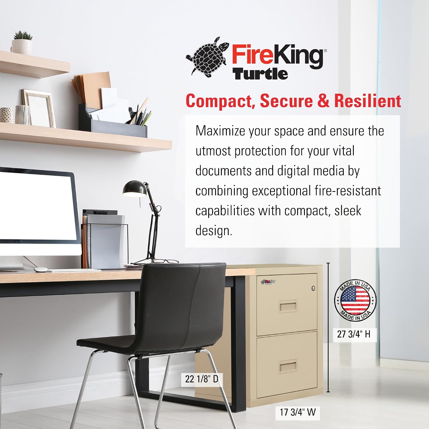 FireKing Turtle Vertical 2 Drawer Fire Rated File Cabinet, Black | 1 Hour Fire Rated Filing Cabinet - UL Class 350 - Water Resistant - Key Lock - Made in USA