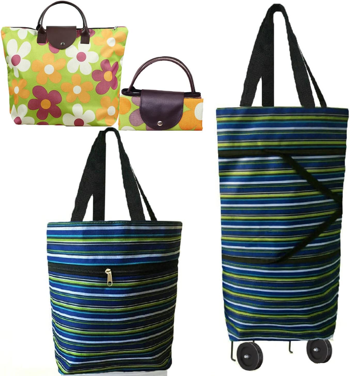 Collapsible Shopping Bag with Wheels Portable Shopping Cart with 360° Swivel Wheels Rolling Tote Bag Reusable Grocery Bag Trolley Bag on Wheels for Travel Shopping and Daily Use(Blue)