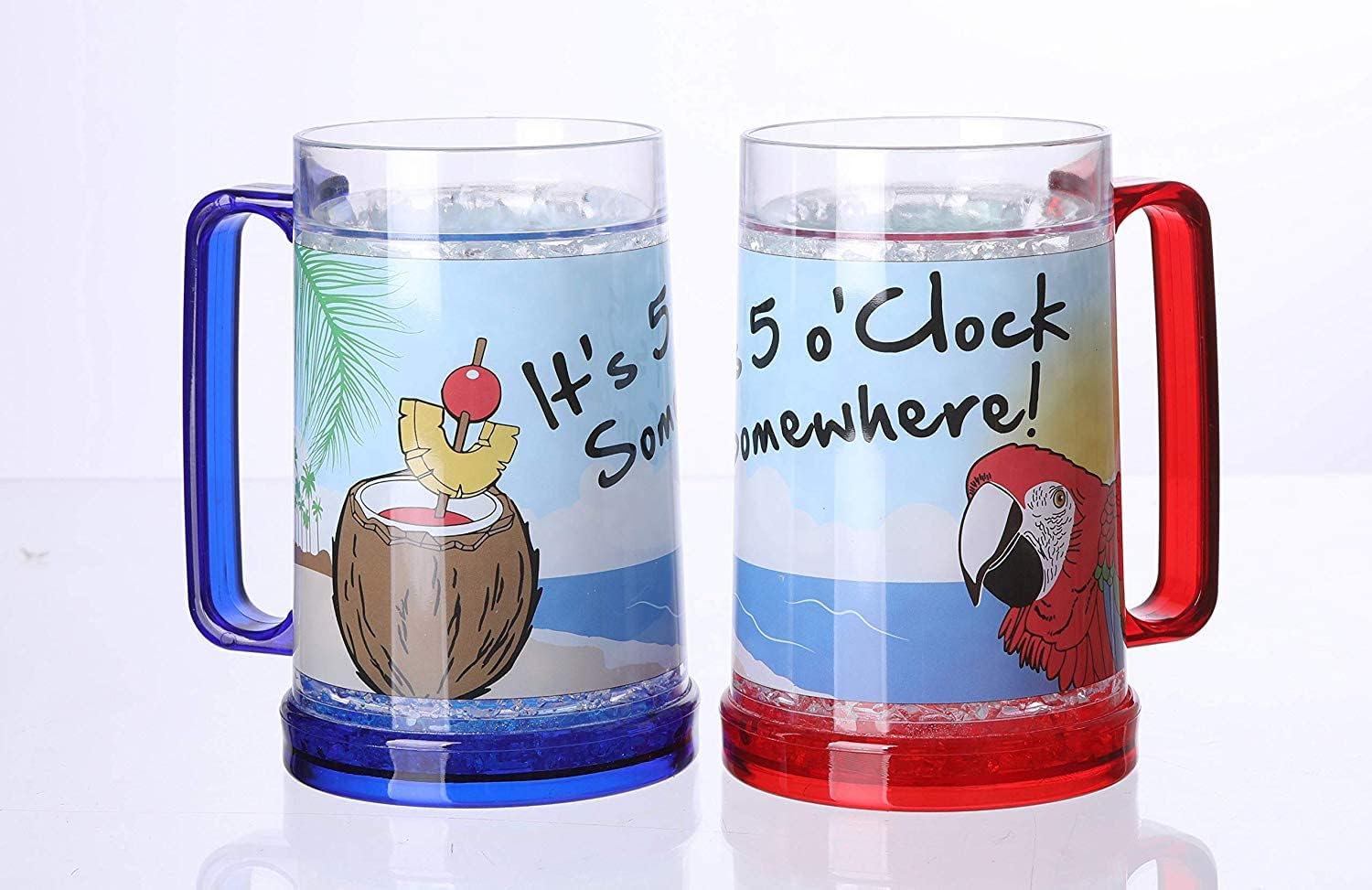 It's 5 O'Clock Somewhere Party Parrot Double Wall Gel Frosty Freezer Ice Mugs Clear 16oz Set of 2