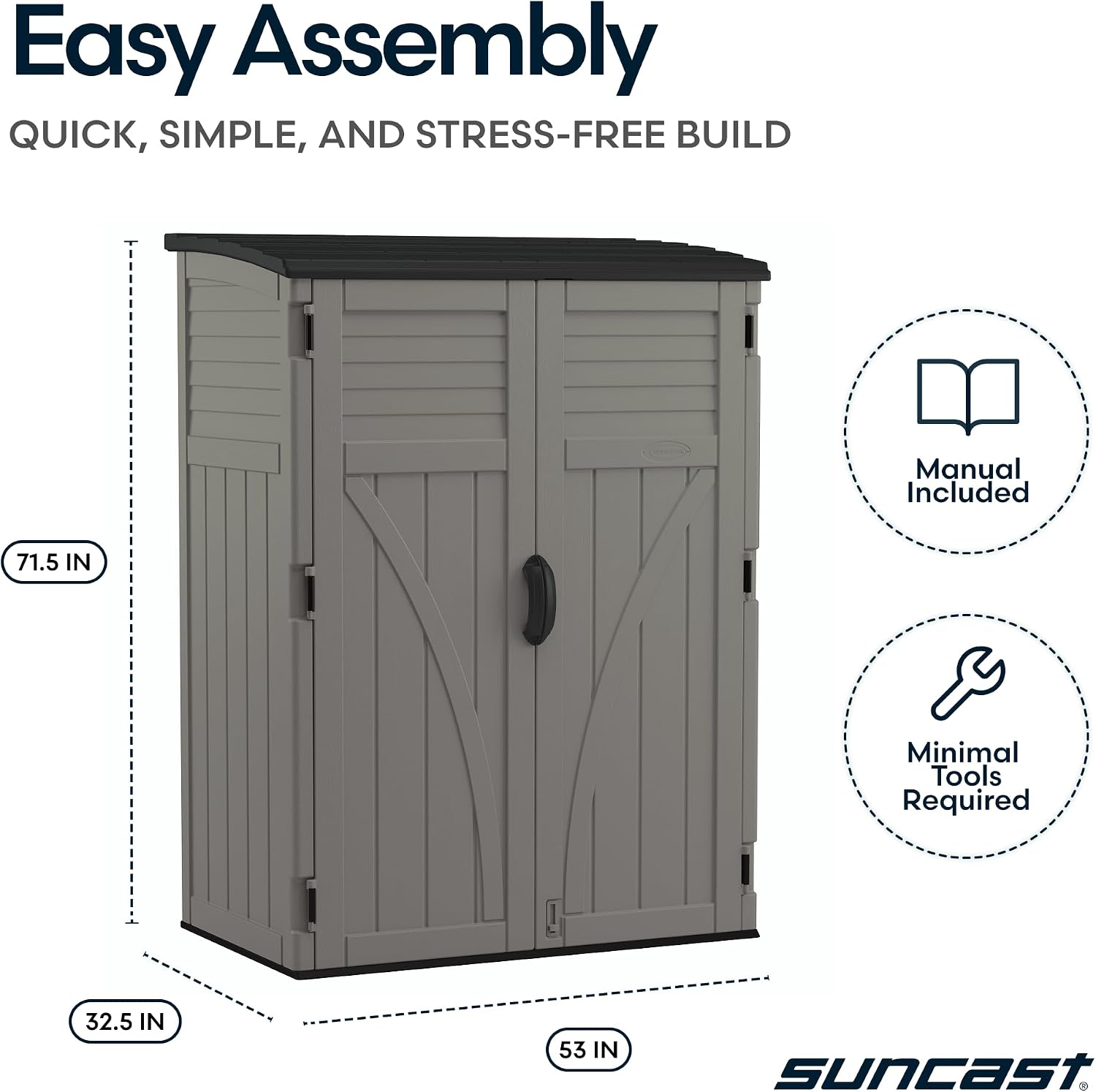 Suncast Outdoor Storage Shed, Water Resistant Resin Vertical Outdoor Storage Cabinet for Patio, Garden Tools, Cushions, & Equipment, Weatherproof Multi-Wall Design, 54 cu. ft., Made in USA