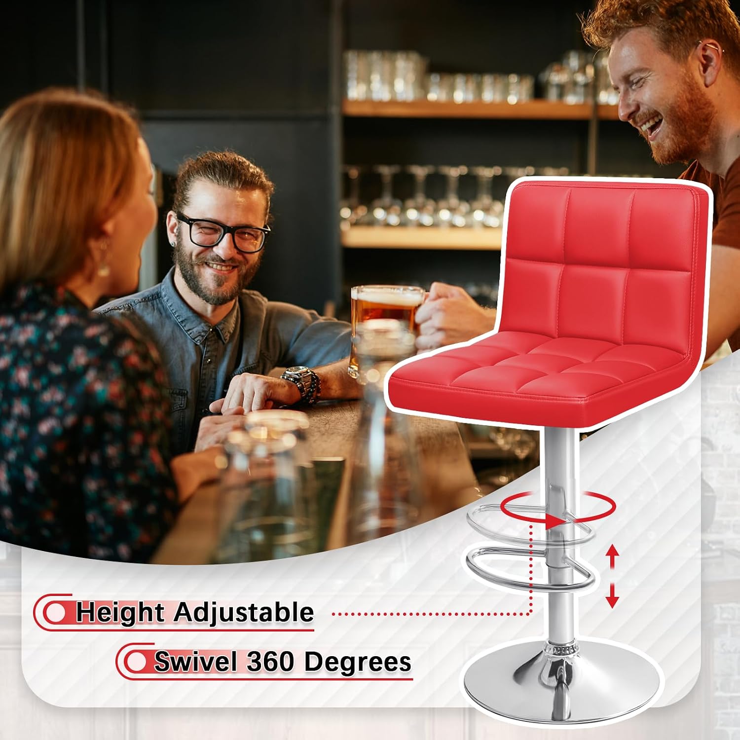 Homall Bar Stools Modern PU Leather Adjustable Swivel Barstools, Armless Hydraulic Kitchen Counter Bar Stool Extra Height Square Island Barstool with Back Set of 2 (Leather, White)