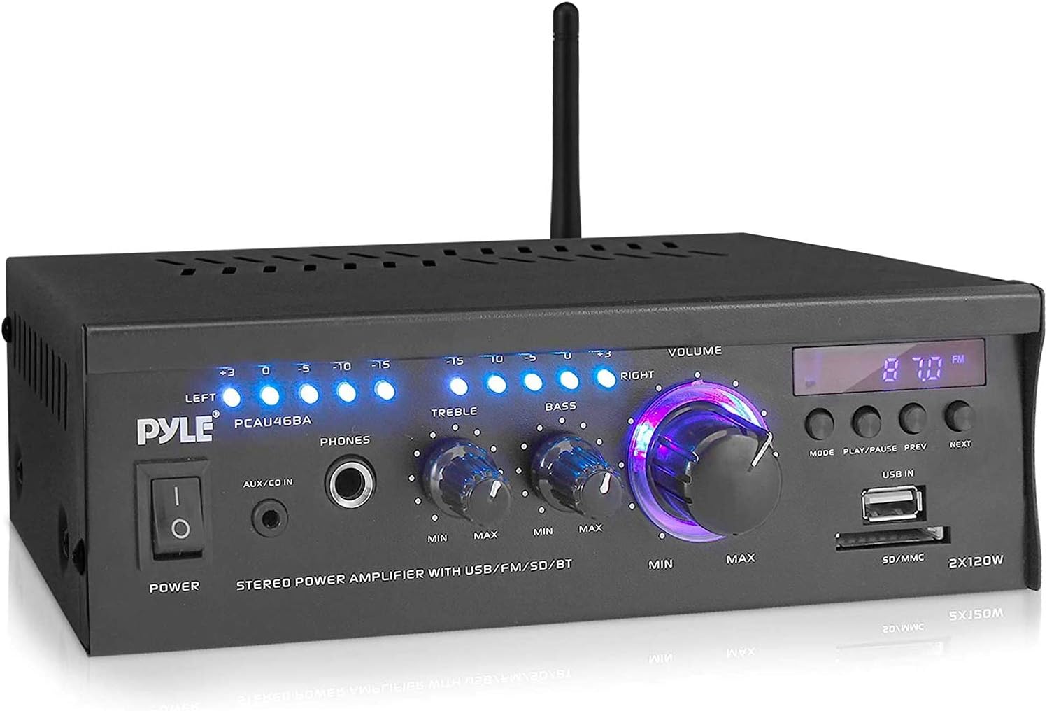Pyle Home Power Amplifier with Bluetooth Wireless - 2 x 120 Watt Stereo Receiver w/ Blue LED Level Meter, FM Radio, USB-A Input w/ MP3 Player