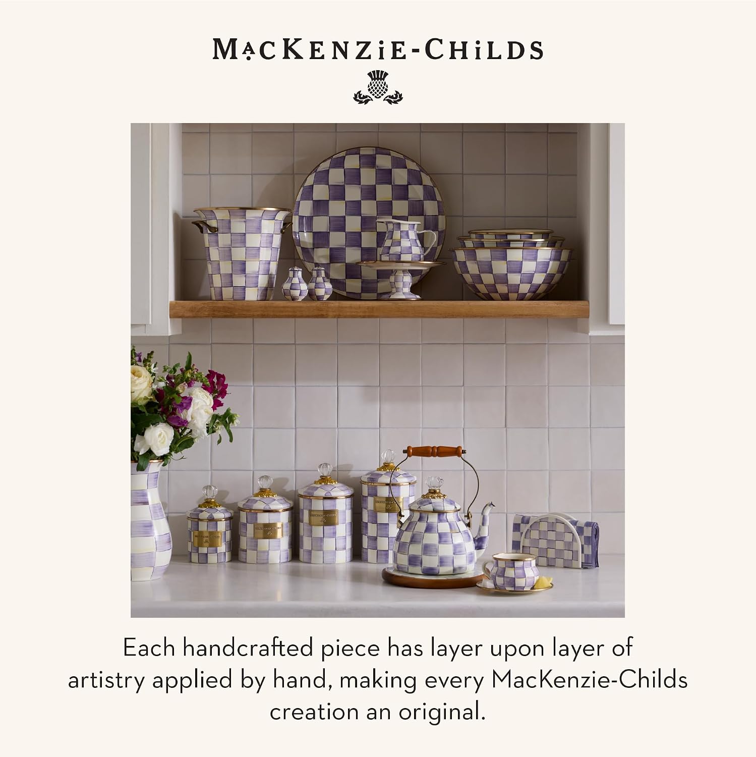 MACKENZIE-CHILDS Pedestal Platter, Mini, Black-and-White Courtly Check | Hand-painted design, made from enameled steel, stackable round cake stand for serving desserts, 8" dia. x 3" H