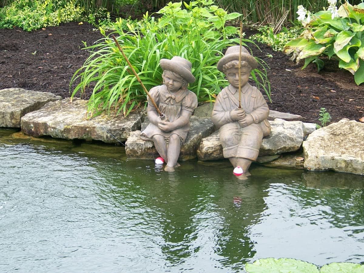 Fishing Boy & Girl Cast Stone Statues - Sculptures - Classic Iron Finish - Great Garden Gift Idea!