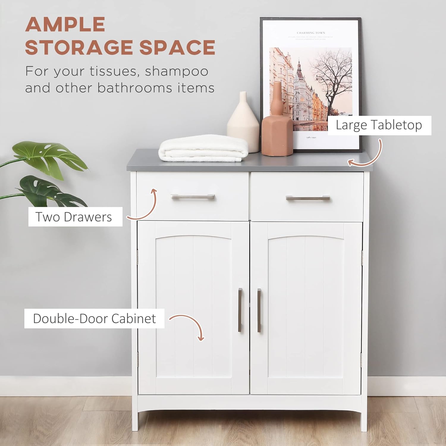 kleankin Bathroom Floor Cabinet Freestanding Linen Cabinet 2 Drawers White | Double Doors, Adjustable Shelf