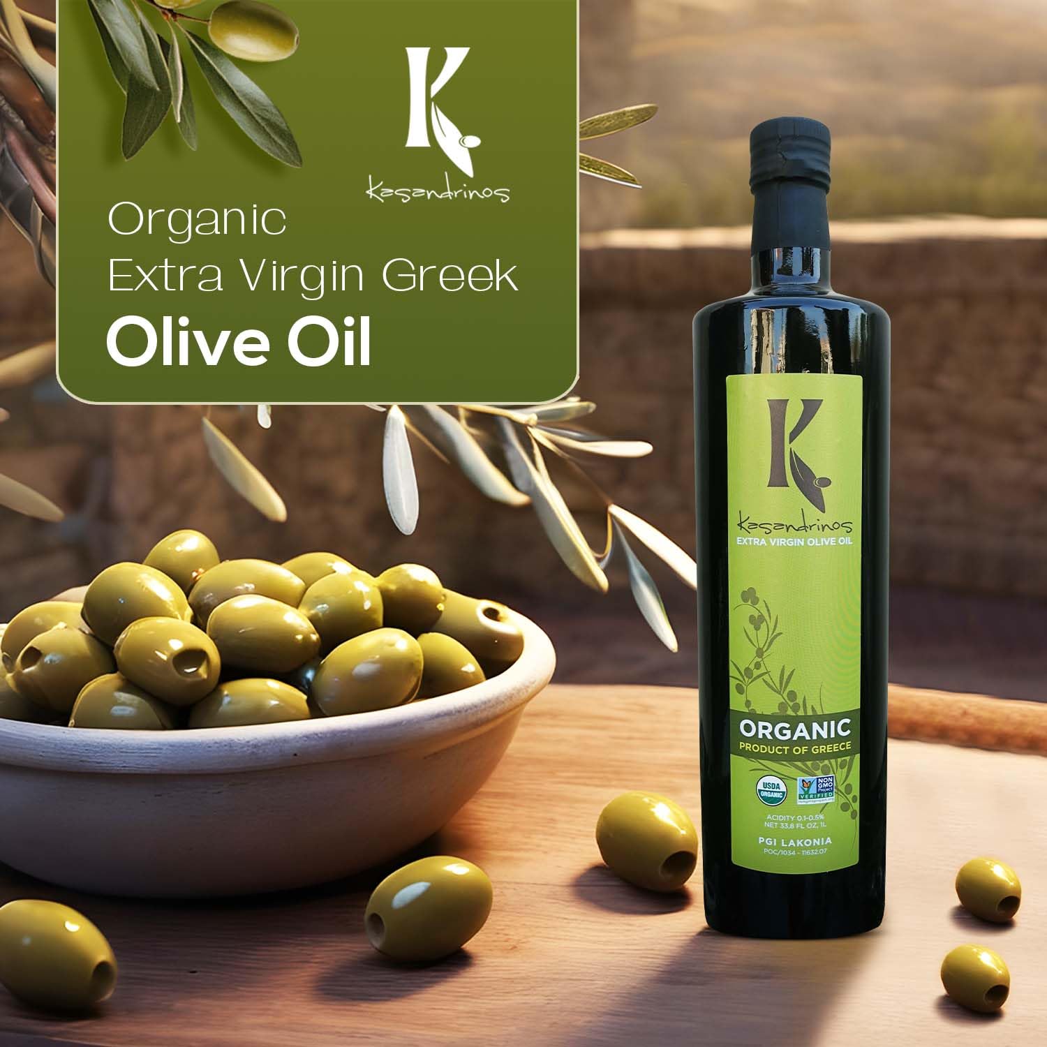 Kasandrinos Organic Olive Oil Extra Virgin, Polyphenol Rich Greek Olive Oil, 100% Organic First Cold Pressed, Mild + Delicate Flavor, Verified by Non GMO, 500 ml / 16.9 oz