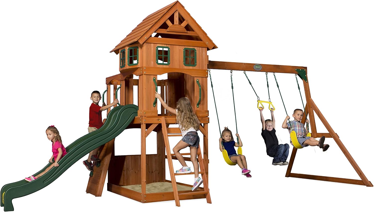 Backyard Discovery Atlantis Cedar Wood Swing Set with Wave Slide, Raised Clubhouse, Rock Wall, Belt Swings, Trapeze, Balcony, Lower Play Space