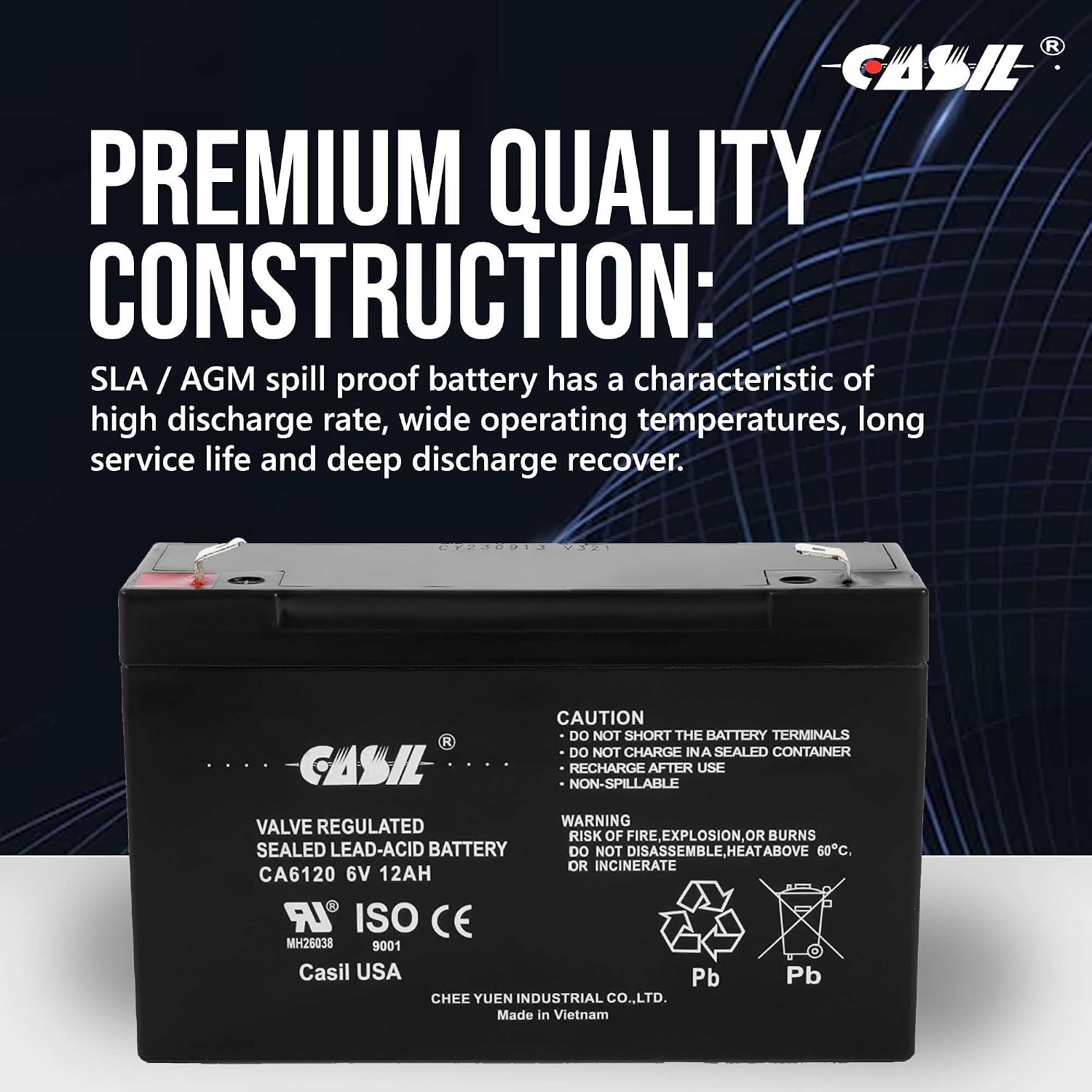 Casil CA6120 6V 12Ah Battery - 12Amp, 6V AGM Deep Cycle Battery, SLA Battery F2, VRLA Replacement, Emergency Light Battery 6V 12Ah - 2 Pack
