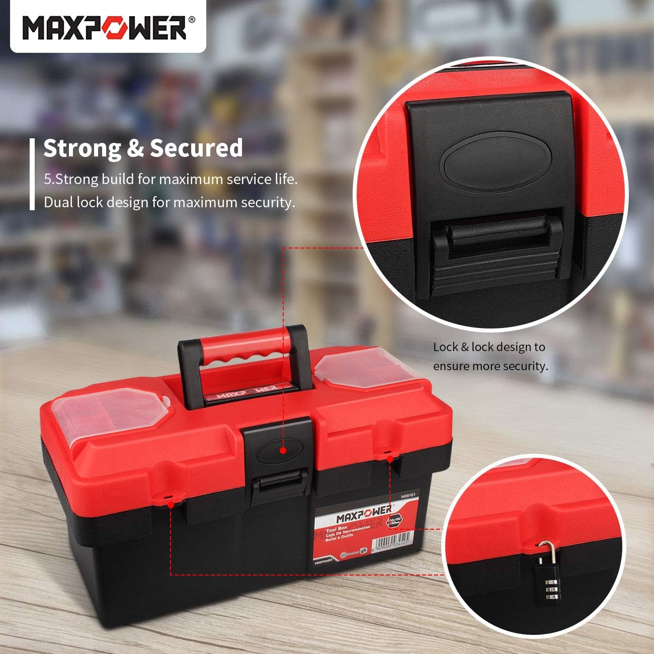 MAXPOWER Small Tool Box, 14-inch Plastic Tool Boxes with Handle | Removable Tray with Dual Lock Secured, Red Toolbox for Home