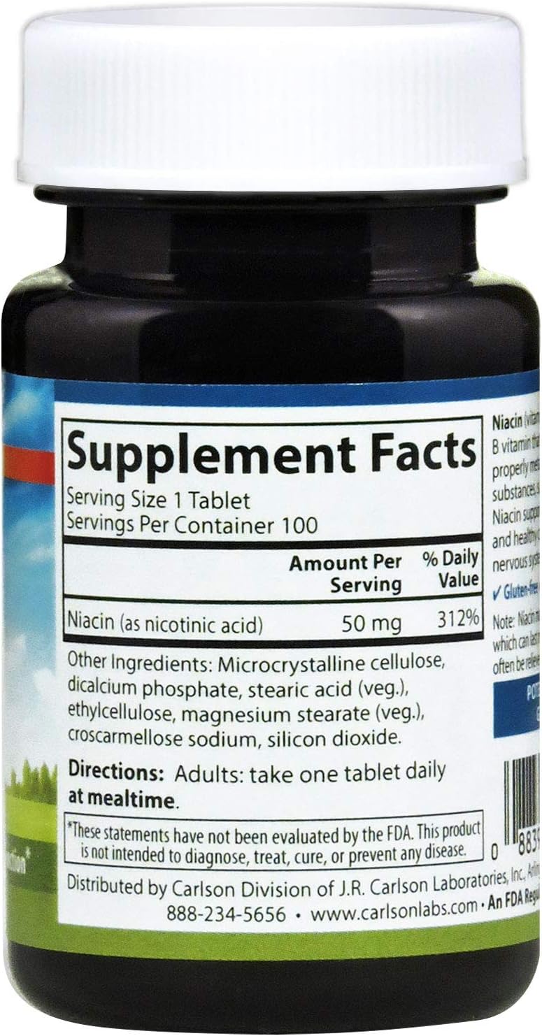 Carlson Niacin, 50 mg, Cholesterol Metabolism, Nerve Function, 300 Tablets | Energy Production