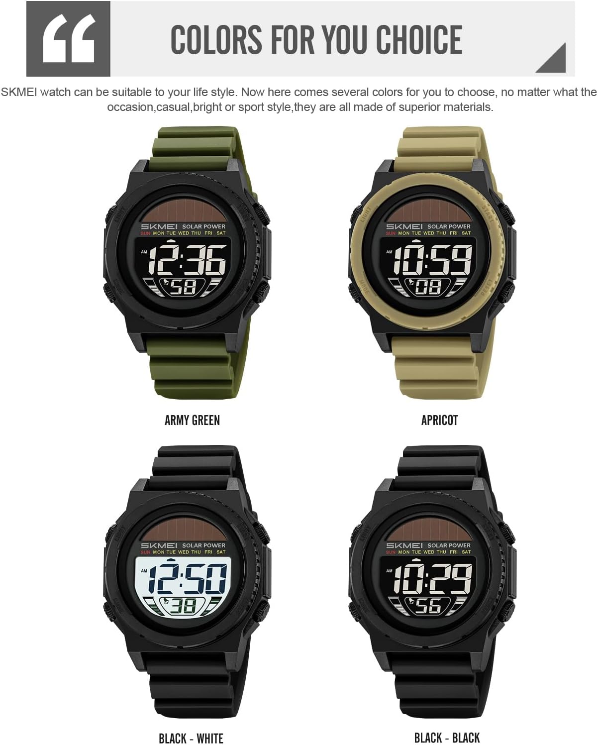 MASTOP Solar Powered Energy Watch for Men Military Digital Multifunctional Led Luminous Indication 2 Time Zone 50m Waterproof Watch Reloj Solar para Hombre